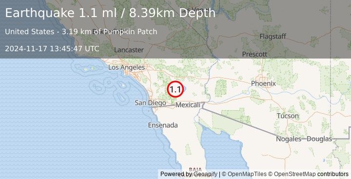 Earthquake 12 km NE of Ocotillo Wells, CA (1.1 ml) (2024-11-17 13:45:47 UTC)