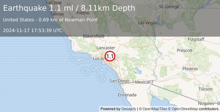 Earthquake 8 km NNE of Glendora, CA (1.1 ml) (2024-11-17 17:53:39 UTC)