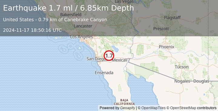 Earthquake 28 km SSW of Ocotillo Wells, CA (1.7 ml) (2024-11-17 18:50:16 UTC)