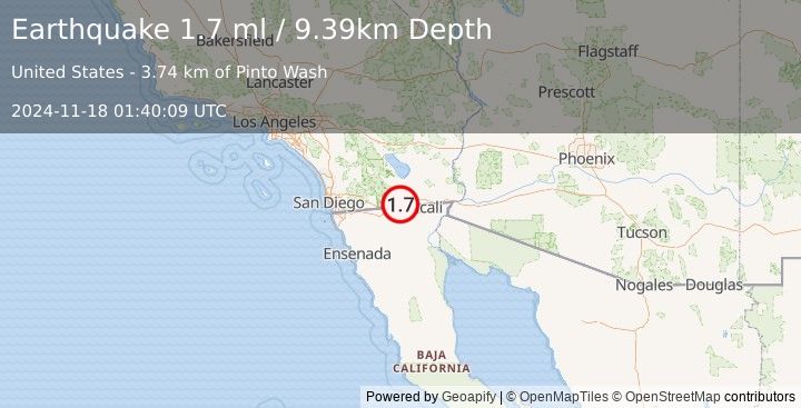 Earthquake 20 km NW of Progreso, B.C., MX (1.7 ml) (2024-11-18 01:40:09 UTC)