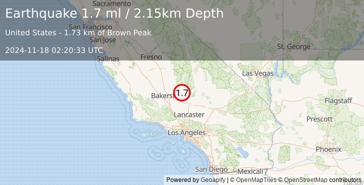 Earthquake 13 km SSE of Bodfish, CA (1.7 ml) (2024-11-18 02:20:33 UTC)