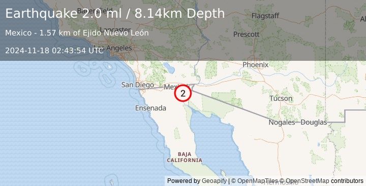 Earthquake 6 km N of Delta, B.C., MX (2.0 ml) (2024-11-18 02:43:54 UTC)