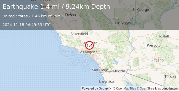 Earthquake 3 km NNE of Vincent, CA (1.4 ml) (2024-11-18 04:49:33 UTC)