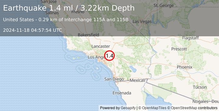 Earthquake 6 km NW of Fontana, CA (1.4 ml) (2024-11-18 04:57:54 UTC)