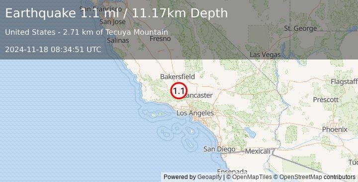 Earthquake 3 km NNW of Frazier Park, CA (1.1 ml) (2024-11-18 08:34:51 UTC)