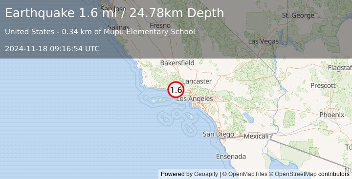 Earthquake 4 km NNW of Santa Paula, CA (1.6 ml) (2024-11-18 09:16:54 UTC)