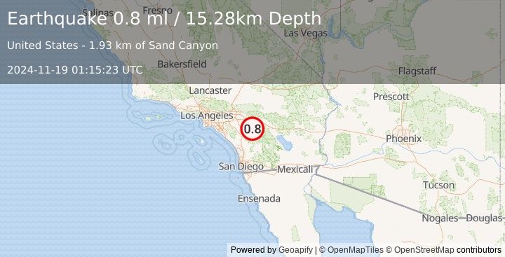 Earthquake 9 km WSW of Idyllwild, CA (0.8 ml) (2024-11-19 01:15:23 UTC)