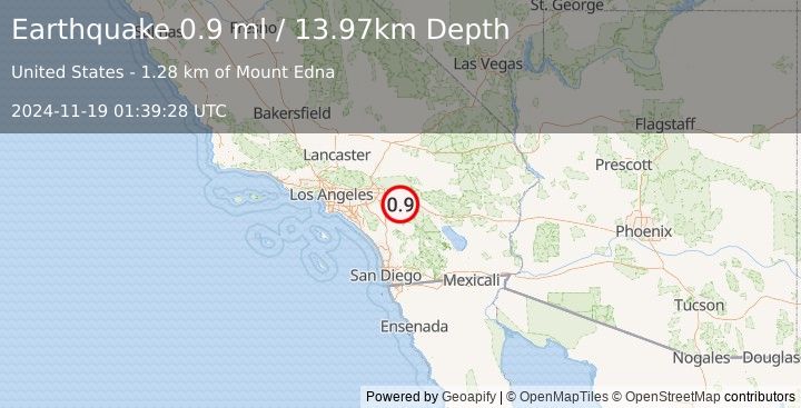 Earthquake 4 km S of Banning, CA (0.9 ml) (2024-11-19 01:39:28 UTC)