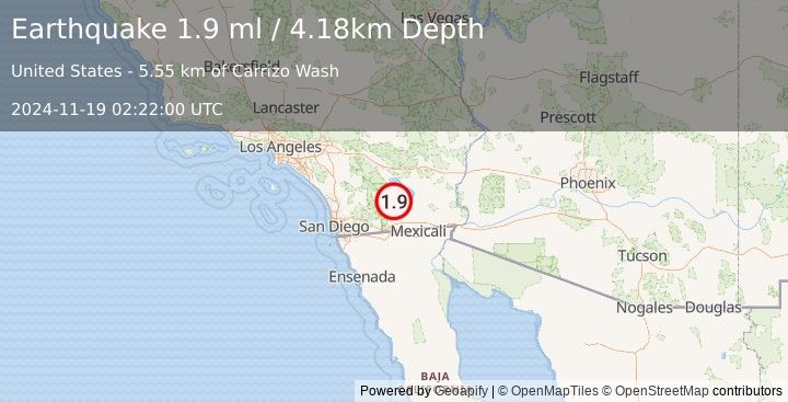 Earthquake 16 km E of Ocotillo Wells, CA (1.9 ml) (2024-11-19 02:22:00 UTC)