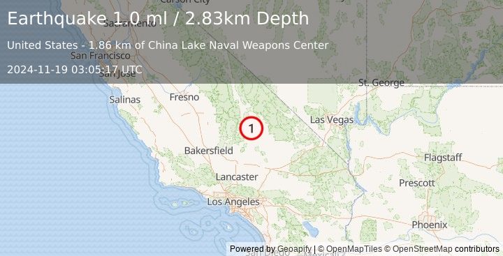 Earthquake 21 km E of Little Lake, CA (1.0 ml) (2024-11-19 03:05:17 UTC)