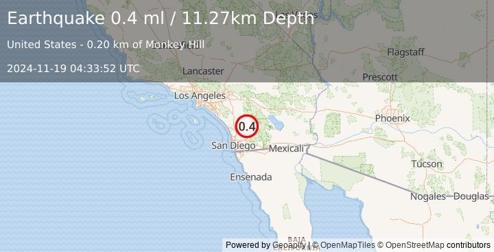 Earthquake 3 km ESE of Lake Henshaw, CA (0.4 ml) (2024-11-19 04:33:52 UTC)