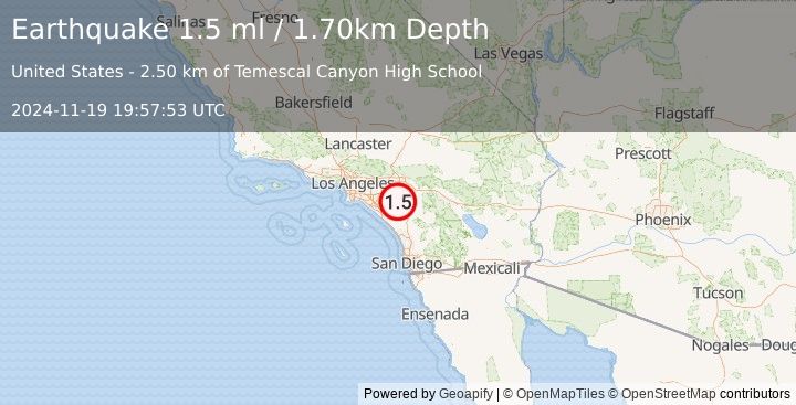 Earthquake 6 km N of Lake Elsinore, CA (1.5 ml) (2024-11-19 19:57:53 UTC)