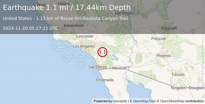 Earthquake 10 km SW of Idyllwild, CA (1.1 ml) (2024-11-20 05:27:21 UTC)