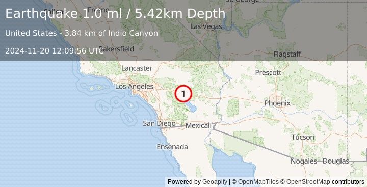 Earthquake 12 km NE of Indio, CA (1.0 ml) (2024-11-20 12:09:56 UTC)