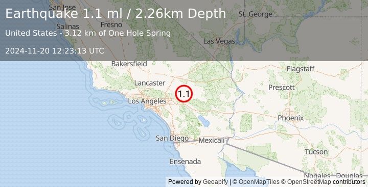 Earthquake 18 km ENE of Big Bear City, CA (1.1 ml) (2024-11-20 12:23:13 UTC)