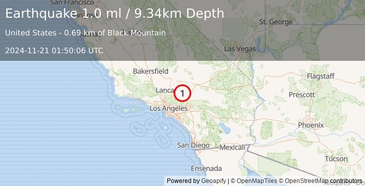 Earthquake 18 km E of Lake Los Angeles, CA (1.0 ml) (2024-11-21 01:50:06 UTC)