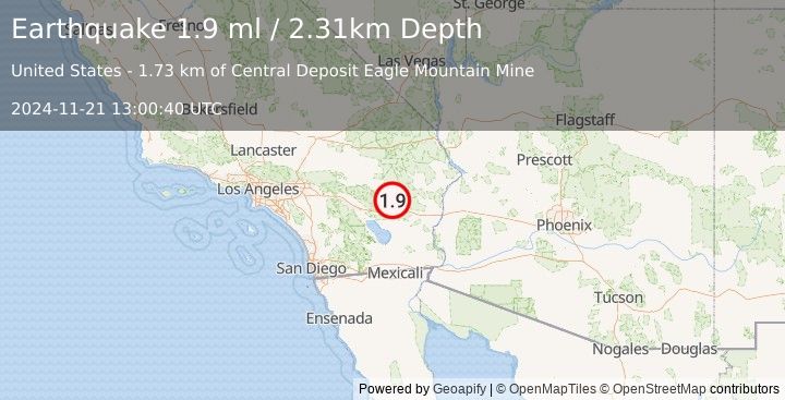 Earthquake 20 km NW of Desert Center, CA (1.9 ml) (2024-11-21 13:00:40 UTC)