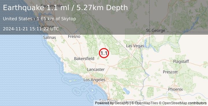 Earthquake 11 km WSW of Searles Valley, CA (1.1 ml) (2024-11-21 15:11:22 UTC)