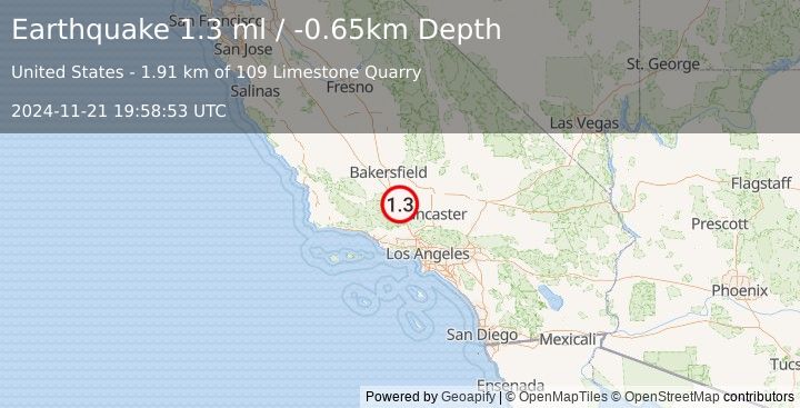 Earthquake 7 km ENE of Lebec, CA (1.3 ml) (2024-11-21 19:58:53 UTC)