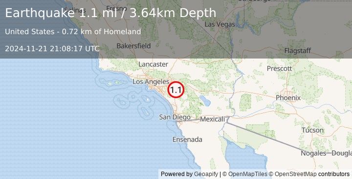 Earthquake 4 km WNW of Green Acres, CA (1.1 ml) (2024-11-21 21:08:17 UTC)