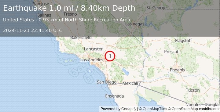 Earthquake 4 km NNW of Big Bear Lake, CA (1.0 ml) (2024-11-21 22:41:40 UTC)