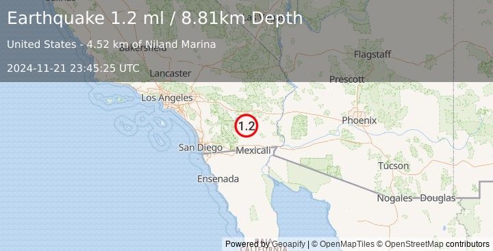 Earthquake 7 km SE of Bombay Beach, CA (1.2 ml) (2024-11-21 23:45:25 UTC)