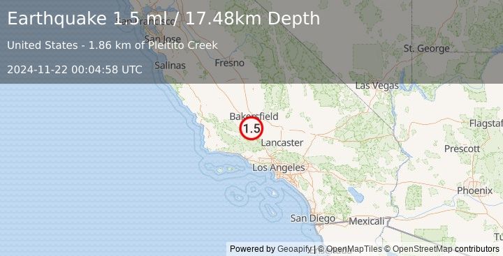 Earthquake 20 km NW of Grapevine, CA (1.5 ml) (2024-11-22 00:04:58 UTC)