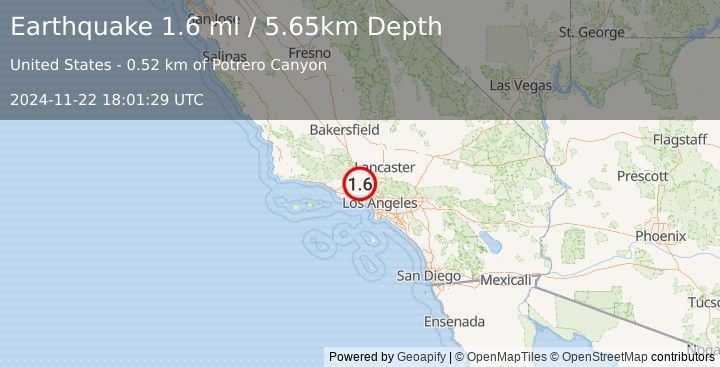 Earthquake 11 km E of Piru, CA (1.6 ml) (2024-11-22 18:01:29 UTC)