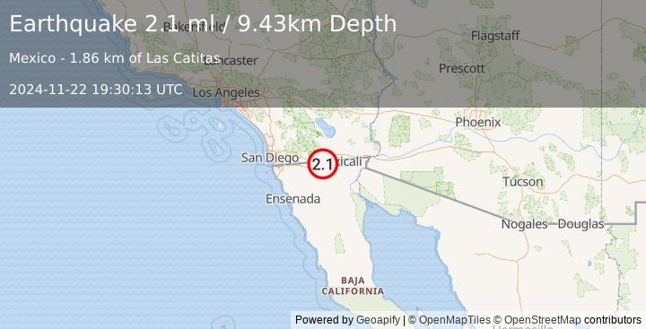 Earthquake 22 km SSE of Ocotillo, CA (2.1 ml) (2024-11-22 19:30:13 UTC)