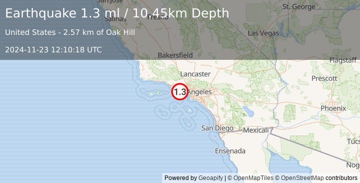 Earthquake 6 km N of Malibu, CA (1.3 ml) (2024-11-23 12:10:18 UTC)