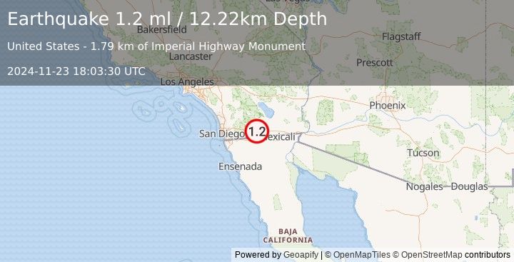 Earthquake 10 km WNW of Ocotillo, CA (1.2 ml) (2024-11-23 18:03:30 UTC)