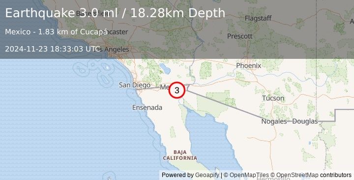 Earthquake 9 km ESE of Puebla, B.C., MX (3.0 ml) (2024-11-23 18:33:03 UTC)