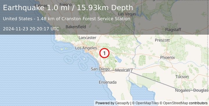 Earthquake 5 km ESE of Valle Vista, CA (1.0 ml) (2024-11-23 20:20:17 UTC)