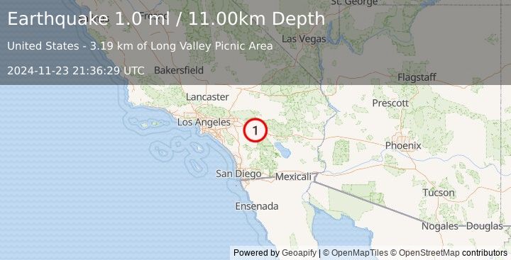 Earthquake 11 km W of Palm Springs, CA (1.0 ml) (2024-11-23 21:36:29 UTC)