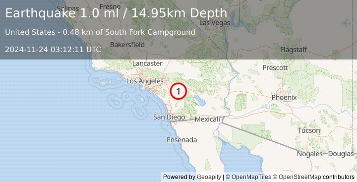 Earthquake 8 km SSW of Idyllwild, CA (1.0 ml) (2024-11-24 03:12:11 UTC)