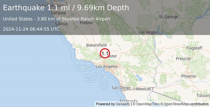 Earthquake 19 km W of Rosamond, CA (1.1 ml) (2024-11-24 06:44:55 UTC)