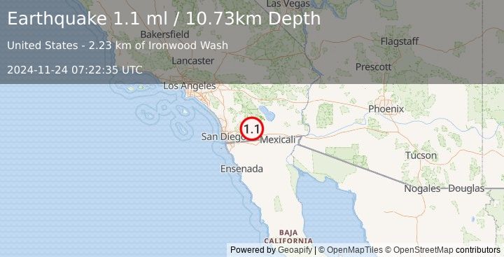 Earthquake 26 km ENE of Pine Valley, CA (1.1 ml) (2024-11-24 07:22:35 UTC)