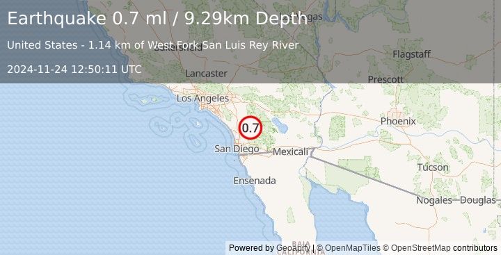 Earthquake 4 km NE of Lake Henshaw, CA (0.7 ml) (2024-11-24 12:50:11 UTC)