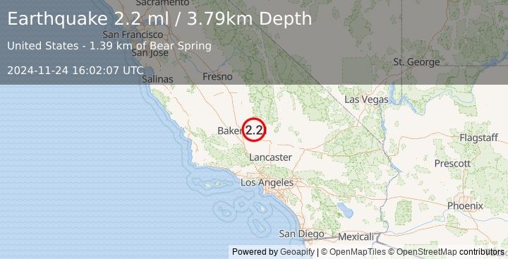 Earthquake 25 km SW of Bodfish, CA (2.2 ml) (2024-11-24 16:02:07 UTC)