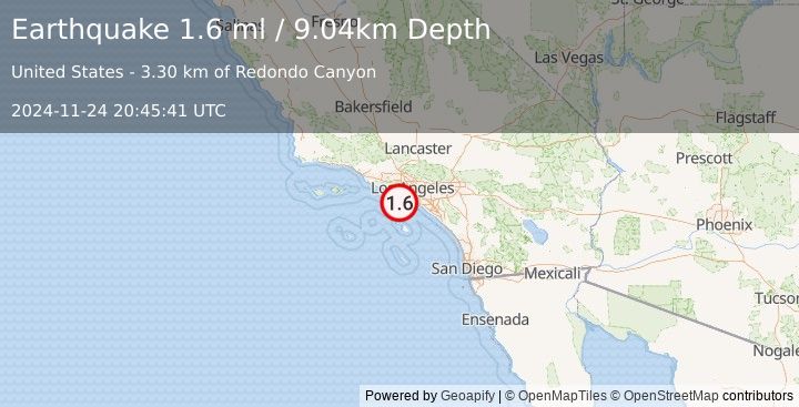 Earthquake 10 km W of Palos Verdes Estates, CA (1.6 ml) (2024-11-24 20:45:41 UTC)