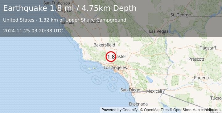 Earthquake 9 km W of Lake Hughes, CA (1.8 ml) (2024-11-25 03:20:38 UTC)