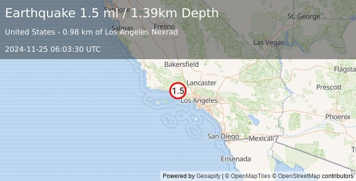 Earthquake 8 km SE of Ojai, CA (1.5 ml) (2024-11-25 06:03:30 UTC)