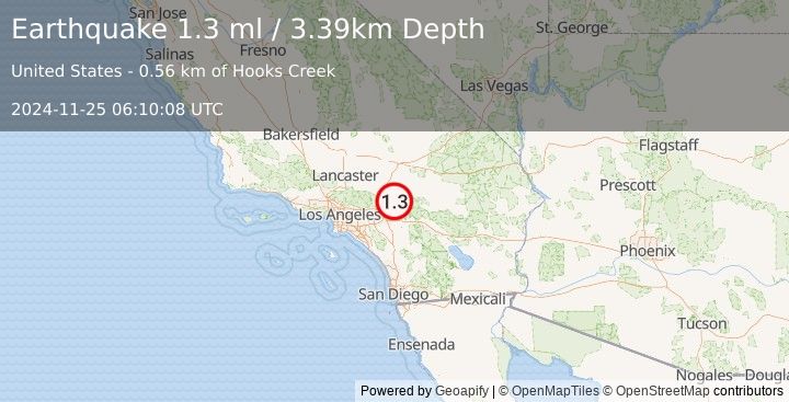 Earthquake 5 km ENE of Lake Arrowhead, CA (1.3 ml) (2024-11-25 06:10:08 UTC)