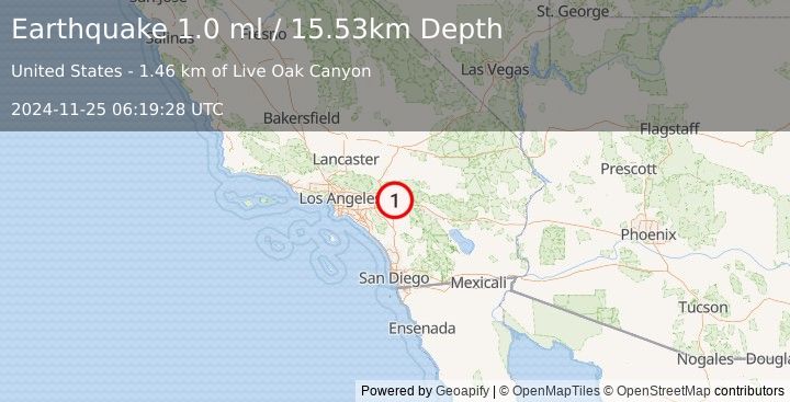 Earthquake 7 km SSE of Redlands, CA (1.0 ml) (2024-11-25 06:19:28 UTC)