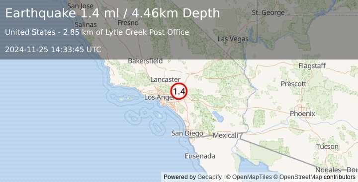 Earthquake 3 km WNW of Lytle Creek, CA (1.4 ml) (2024-11-25 14:33:45 UTC)