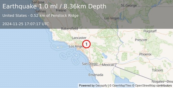 Earthquake 5 km W of Devore, CA (1.0 ml) (2024-11-25 17:07:17 UTC)