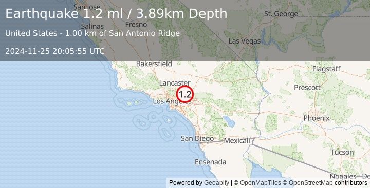 Earthquake 9 km SW of Wrightwood, CA (1.2 ml) (2024-11-25 20:05:55 UTC)