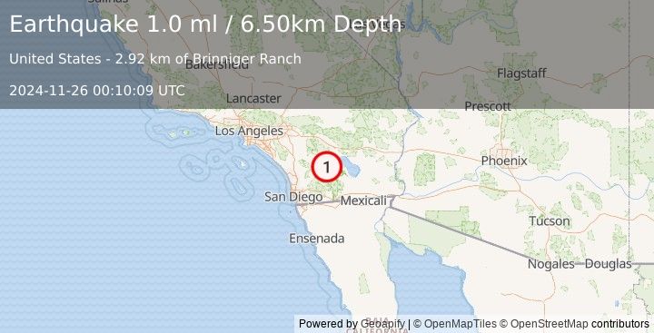 Earthquake 8 km NNE of Borrego Springs, CA (1.0 ml) (2024-11-26 00:10:09 UTC)