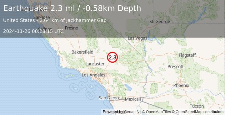 Earthquake 20 km NNE of Barstow, CA (2.3 ml) (2024-11-26 00:28:15 UTC)