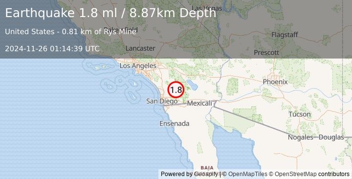 Earthquake 10 km NE of Julian, CA (1.8 ml) (2024-11-26 01:14:39 UTC)